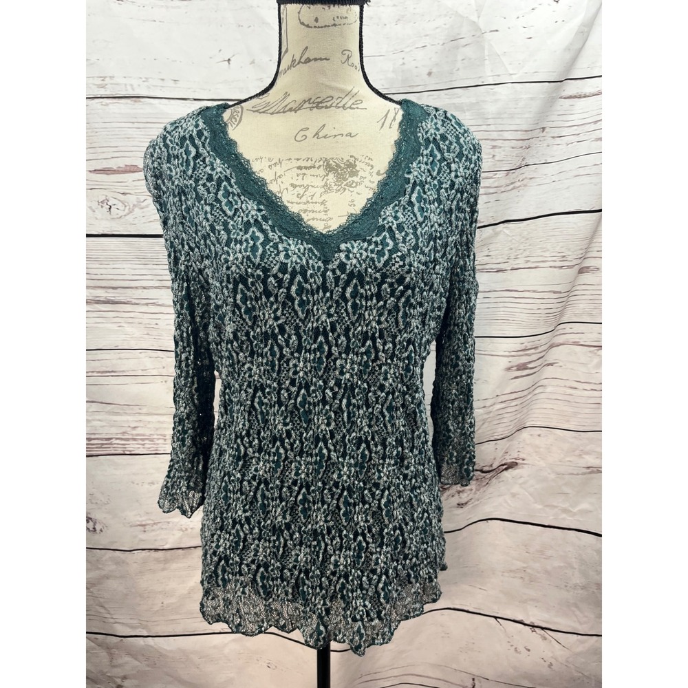 Coldwater Creek Teal Green Lace V-Neck Blouse 3/4 Sleeve Top Women XL 18 Lined